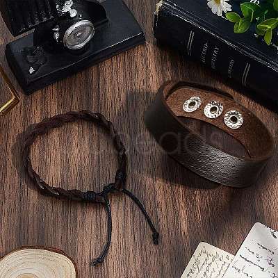 2Pcs 2 Styles Adjustable Cowhide Leather Cord Braided Bracelets BJEW-CL0001-15-1