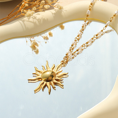 304 Stainless Steel with ABS Imitation Pearl Sun Pendant Necklaces NJEW-Z107-01G-1