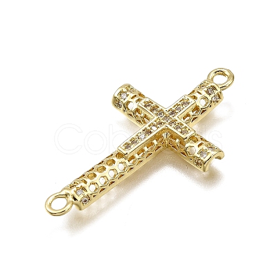 Brass Micro Pave Clear Cubic Zirconia Religion Cross Connector Charms KK-Z100-22G-05-1