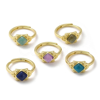 Adjustable Natural Mixed Gemstone Rhombus Finger Rings RJEW-M155-08G-1