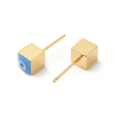 Long-Lasting Plated Cube with Enamel Evil Eye Stud Earring EJEW-E272-01G-01-1