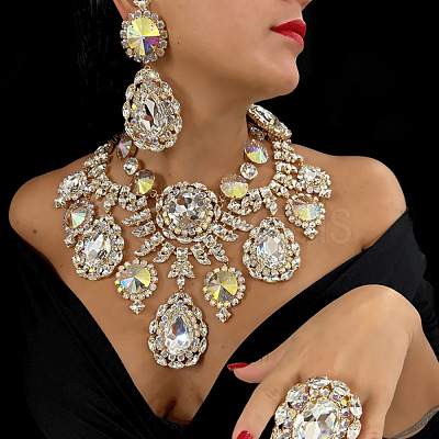 Teardrop Brass Rhinestone Pendant Necklaces & Stud Dangle Earrings Sets FS-WGA5087-01-1