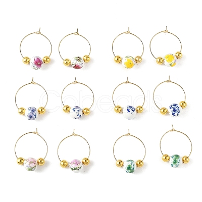 Handmade Flower Printed Porcelain Ceramic Earrings EJEW-JE07440-1