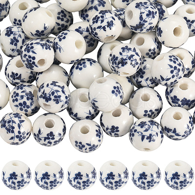 80Pcs Floral Printed Porcelain Beads PORC-SC0001-17-1