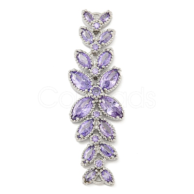 Brass Pave Lilac Cubic Zirconia Flower with Leaf Links Connector Charms KK-P277-52P-03-1