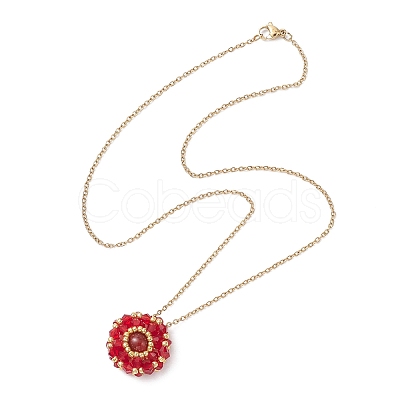 Natural Carnelian(Dyed & Heated) & Glass Seed Beaded Flat Round Pendant 304 Stainless Steel Cable Chain Necklaces NJEW-MZ00129-07-1