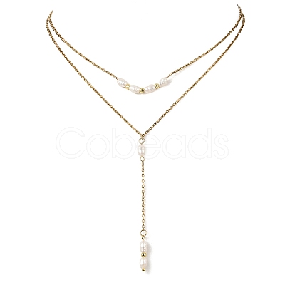 Natural Cultured Freshwater Pearl Two Sides Polished Y Tassel 304 Stainless Steel Double Layered Necklaces for Women NJEW-JN06359-1