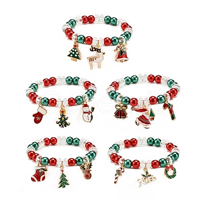 Acrylic Pearl Beaded Stretch Bracelet with Alloy Enamel Charms BJEW-JB08292-1