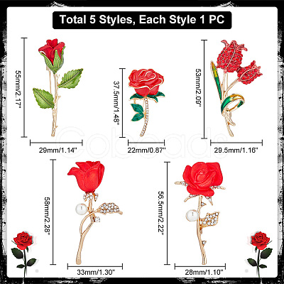 PandaHall Elite 5Pcs 5 Styles Rose Flower Enamel Pins JEWB-PH0001-28-1