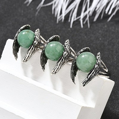 Natural Green Aventurine Wings Adjustable Rings RJEW-K241-04AS-12-1