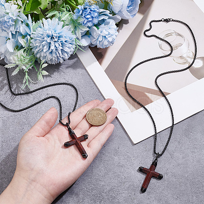 2Pcs Cross Stainless Steel & Wood Pendant Necklaces for Men NJEW-UN0001-82-1