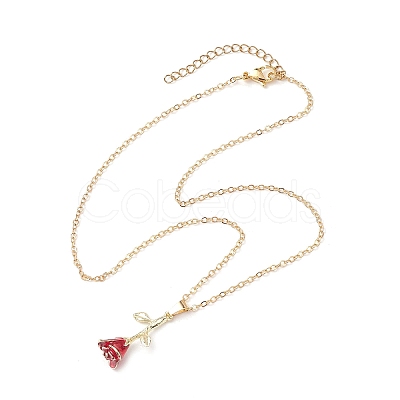 Valentine's Day Alloy Dark Red Enamel Rose Flower Pendant Necklaces NJEW-TA00183-1