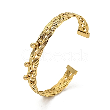 304 Stainless Steel Grid Braided Open Cuff Bangles for Women BJEW-E100-02G-1