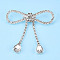 Crystal Rhinestone Bowknot Lapel Pin, Creative Brass Badge for Backpack Clothes, Silver, 55x56x9.5mm, Pin: 0.6mm