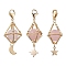 Natural Rose Quartz Brass Pendant Decorations, Diamond with Star & Moon, 48~52mm, 3pcs/set