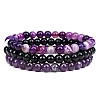3Pcs 3 Style Natural Amethyst & Black Agate Round Beaded Stretch Bracelets Set PW23030763036-1