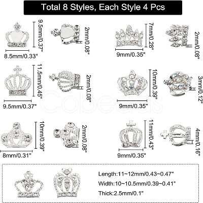 32Pcs 8 Style Crown Alloy Rhinestone Nail Art Cabochons MRMJ-FH0001-20-1