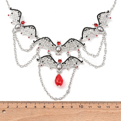 Halloween Bat Alloy Siam Rhinestone Bib Necklaces for Women LS-NJEW-P340-02P-1