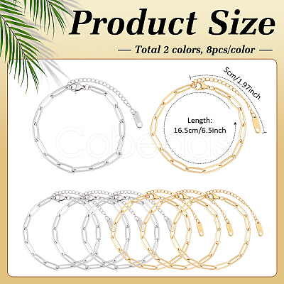 16Pcs 2 Colors 304 Stainless Steel Paperclip Chains Bracelets for Women BJEW-ME0001-23-1