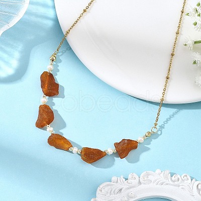 Nuggets Natural Amber & Natural Freshwater Pearl Beaded Necklaces with 304 Stainless Steel Satellite Chains NJEW-JN06491-1