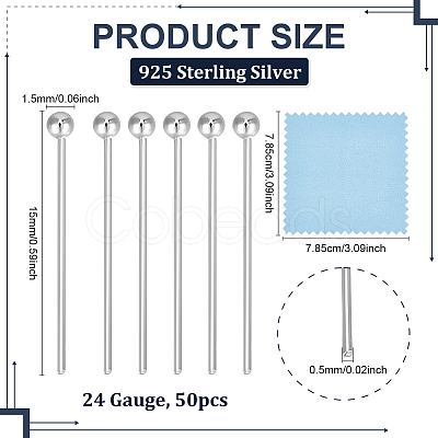 50Pcs 925 Sterling Silver Ball Head Pins STER-BC0003-76A-1