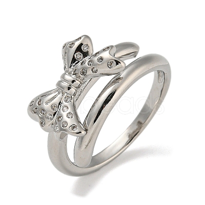 Bowknot Brass Micro Pave Clear Cubic Zirconia Double Rings RJEW-Z050-26P-1