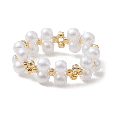 Round Acrylic Imitation Pearl & Seed Beads Stretch Rings for Women RJEW-JR00721-1