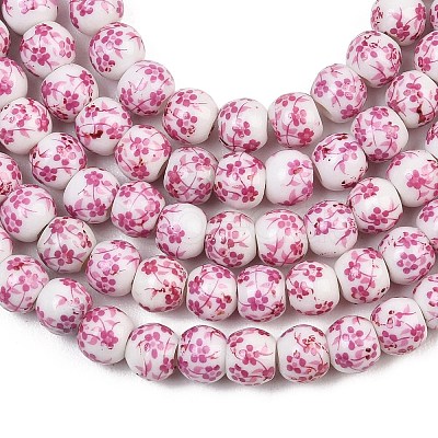 Handmade Flower Printed Porcelain Ceramic Beads Strands PORC-M005-6mm-03-1