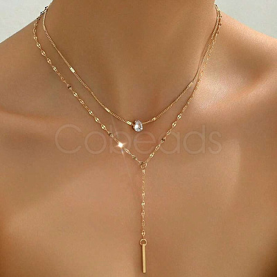 Alloy Crystal Rhinestone Rectangle Pendant Double Layered Necklaces for Women FS-WG231E4-01-1