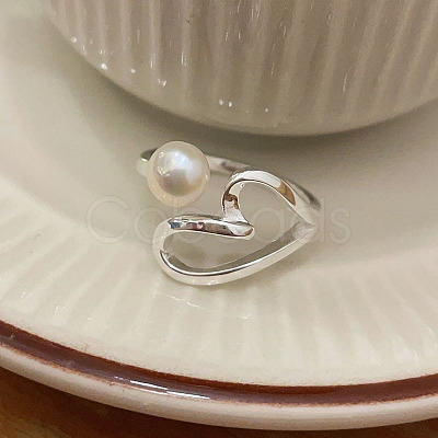 Heart 925 Sterling Silver with Natural Freshwater Pearl Cuff Rings for Women FS-WG385D2-01-1