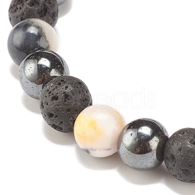 Gemstone & Lava Rock & Synthetic Hematite Round Beaded Stretch Bracelet BJEW-JB07972-1