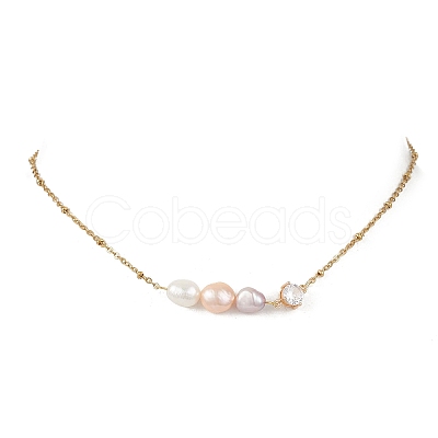 Natural Cultured Freshwater Pearl Potato & Glass Beaded Pendant 304 Stainless Steel Satellite Chain Necklaces for Women NJEW-JN05937-02-1