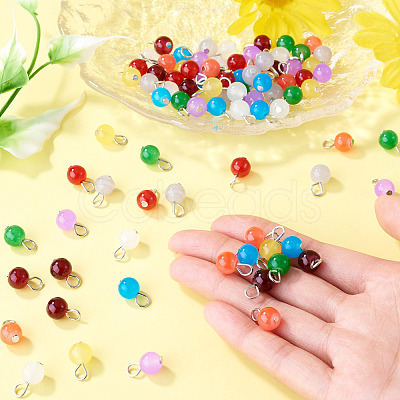90Pcs 9 Colors Baking Paint Imitation Jade Glass Round Bead with Iron Pendants PALLOY-TAC0281-1