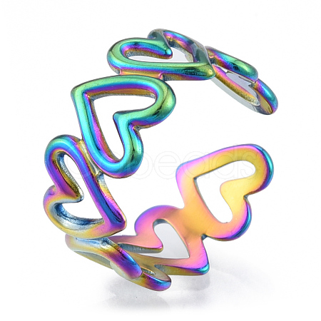 Ion Plating(IP) 304 Stainless Steel Hollow Heart Cuff Rings RJEW-N038-124M-1