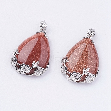 Teardrop with Flower Platinum Plated Brass Goldstone Pendants G-F228-37C-RS-1