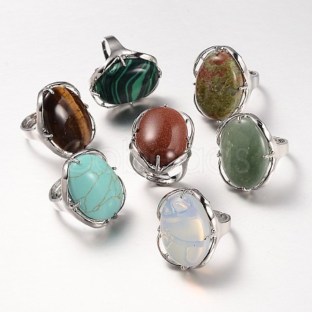 Adjustable Oval Brass Gemstone Wide Band Rings RJEW-L062-03-1