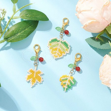 3Pcs 3 Styles Maple Leaf Acrylic & Glass Seed & Natural Carnelian Beads Pendant Decorations HJEW-MZ00347-1