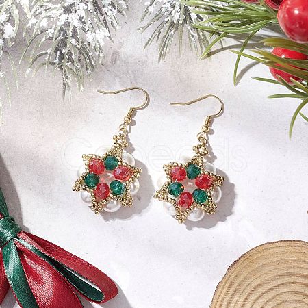 Christmas Flower Glass & Shell Pearl & Glass Seed Dangle Earrings EJEW-TA00719-1
