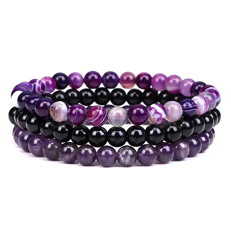 3Pcs 3 Style Natural Amethyst & Black Agate Round Beaded Stretch Bracelets Set PW23030763036-1