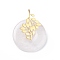 Natural Quartz Crystal Pendants, Rock Crystal Pendants, with Ion Plating(IP) Golden Color Tone 304 Stainless Steel Findings, Leaf with Donut/Pi Disc Charm, 37~38x30x10~11mm, Hole: 3mm