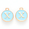 Golden Plated Alloy Enamel Charms, Cadmium Free & Lead Free, Enamelled Sequins, Flat Round with Letter, Sky Blue, Letter.X, 14x12x2mm, Hole: 1.5mm