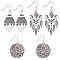 ANATTASOUL 3 Pairs 3 Style Bohemia Teardrop & Flat Round & Triangle Alloy Geometry Dangle Earrings for Women, Antique Silver, 44~59mm, Pin: 0.7mm, 1 Pair/style