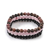 3Pcs 3 Style Natural Rhodonite & Black Agate & Rose Quartz Round Beaded Stretch Bracelets Set PW23030761414-4