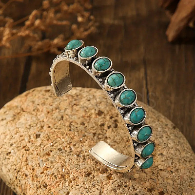 Bohemian Style Oval Alloy Synthetic Turquoise Beads Cuff Bangles for Women WG13159-02-1