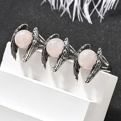 Natural Rose Quartz Wings Adjustable Rings RJEW-K241-04AS-13-1