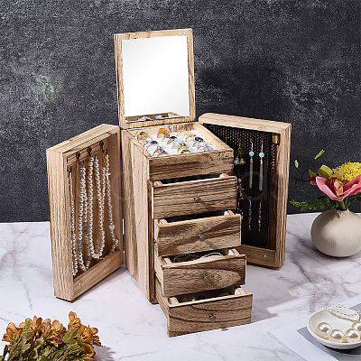 Large Capacity Wooden Multi-Layer Jewelry Organizer Boxes with Mirror & 4 Drawers CON-WH0117-02-1