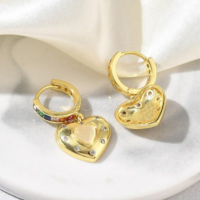 Brass Micro Pave Cubic Zirconia and Cat Eye Beads Heart Hoop Dangle Earrings KK-CBAD9DF-01G-1