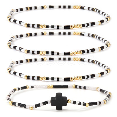 4Pcs Bohemian Summer Cross & Glass Seed Bead Beaded Stretch Bracelet Sets BE5944-7-1