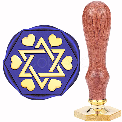 Hexagon Golden Tone Brass Wax Seal Stamp with Wood Handle AJEW-WH0375-0003-1