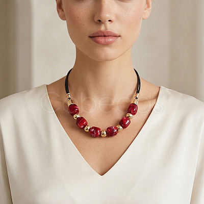 Resin Cube & Round CCB Plastic Beaded Necklaces with Leather Cords for Women WG0341F-01-1